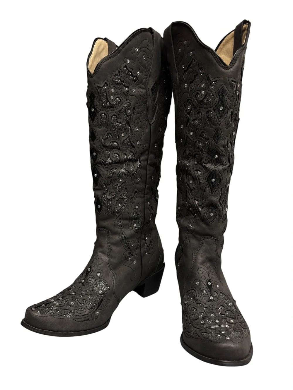 Gray Rhinestone Studded Glitter Inlay Knee High Cowboy Boots - Picture 3 of 7